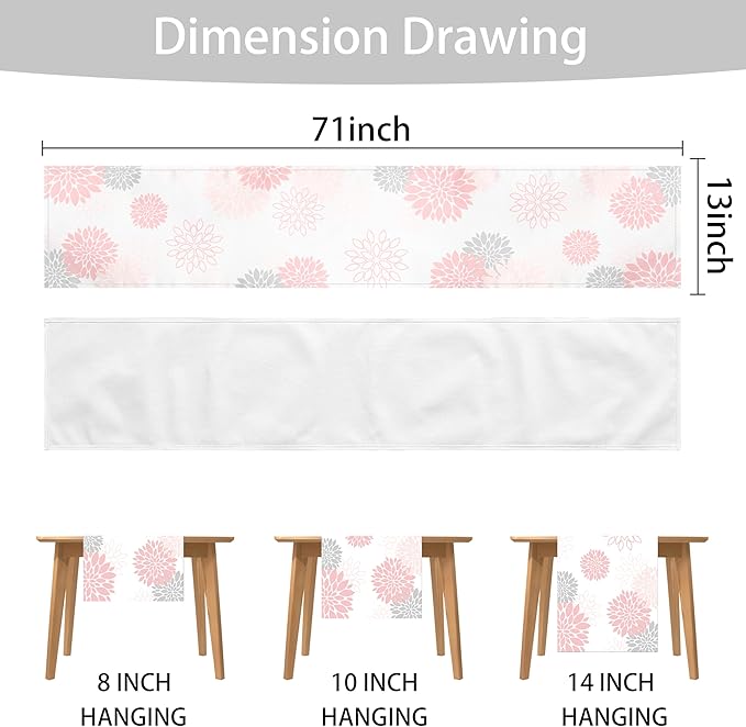 Dahlia Flower Table Runner 13x36 Inch Farmhouse Pink Gray Runners Modern Table Decorations Rustic Geometric Coffee Table Runner for Home Kitchen Dining Room Party (13"x36", Dahlia Floral-Pink)
