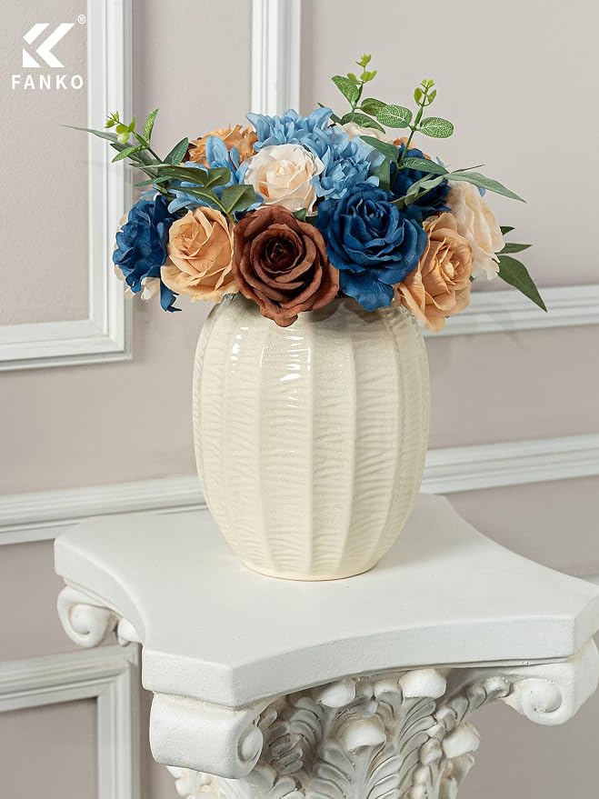 FANKO Artificial Flowers for DIY, Blue Brown Faux Flowers Bouquet, Fake Flowers with Roses Dahlia Silk Flowers for Vase, Home Decor, Wedding Centerpiece, Father’s Day, Party