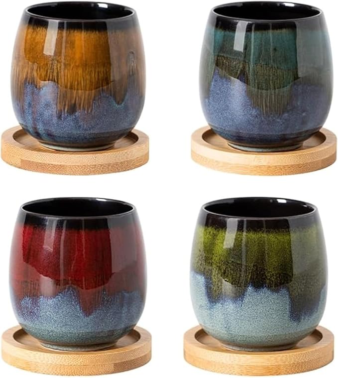 2.7 Oz Mini Espresso Cups Set of 4, Colorful Ceramic Demitasse Cups with Bamboo Coasters, Unique Glaze Mugs for Turkish Coffee, Macchiato, Espresso Martini, Dessert, Dishwasher & Microwave Safe