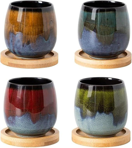 2.7 Oz Mini Espresso Cups Set of 4, Colorful Ceramic Demitasse Cups with Bamboo Coasters, Unique Glaze Mugs for Turkish Coffee, Macchiato, Espresso Martini, Dessert, Dishwasher & Microwave Safe
