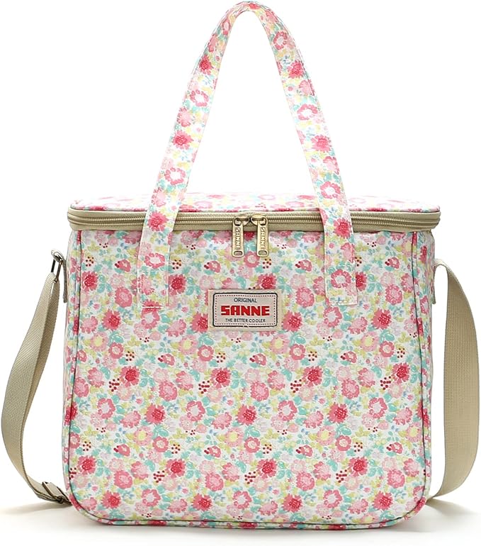 Insulated Cooler Tote Bag for Girls Adult Women, Waterproof Lunch Box Organizer for Office Work School Picnic Beach BBQ party-Pink Floral