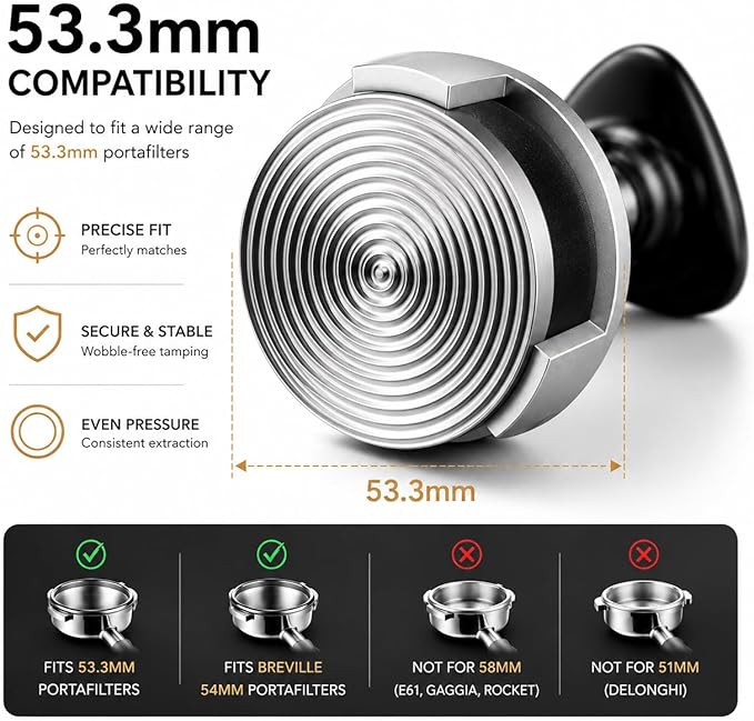 TriPress Espresso Tamper 53.3mm-54mm, Spring Loaded Coffee Tamper for 54mm Breville Sage Portafilter, 25lb Constant Pressure Self Leveling Tamper Tool, Zero-Residue Threaded Base