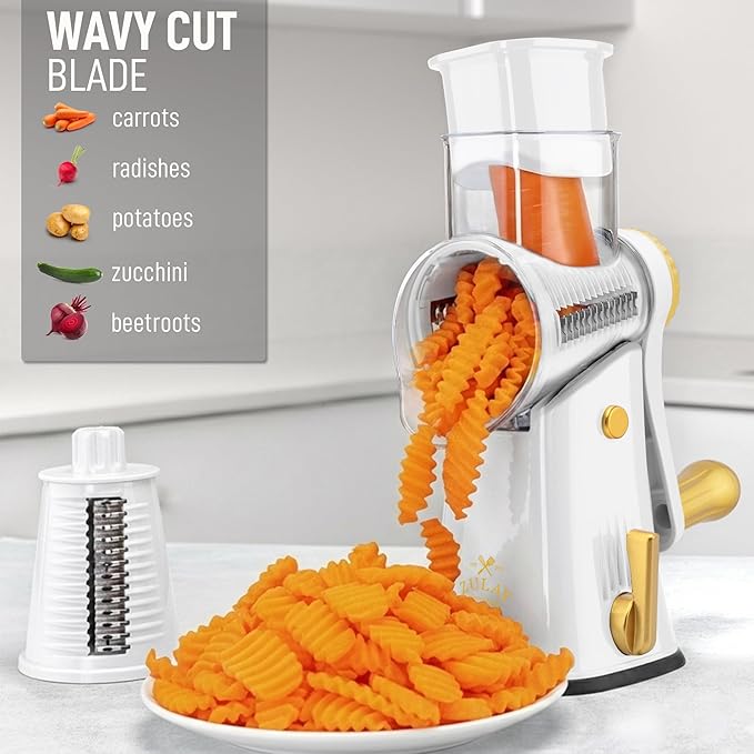 Zulay Kitchen Rotary Cheese Grater 5 Blade Cheese Shredder - Manual Hand Crank Cheese Grater With Reinforced Suction & 5 Interchangeable Drums - Easy to Use, Vegetable Chopper Round Mandoline Slicer