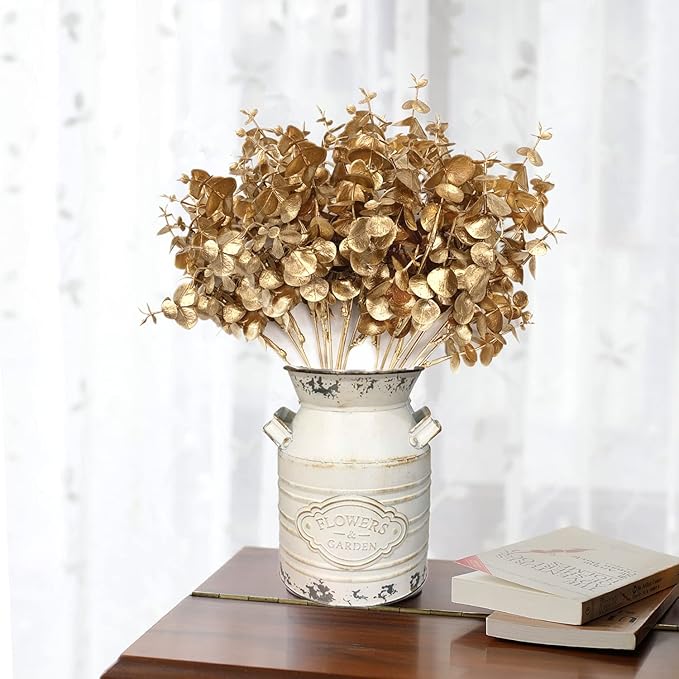 Artificial Gold Plants Decorations, Fake Plastic Golden Eucalyptus Shrubs Faux Simulation Foliage for Christmas Wedding Party Indoor Hotel Hall Home Table Centerpieces DIY Decor Planting Filler 2 Pack