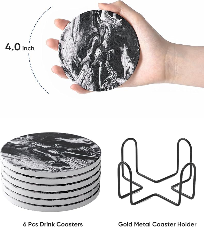 LIFVER Coasters Set of 6, Coasters for Drinks Absorbent Stone with Holder, Black Marble Style Ceramic Drink Coaster for Tabletop Protection, Coffee Table Decor Ideal for Home Decor House Warming Gifts