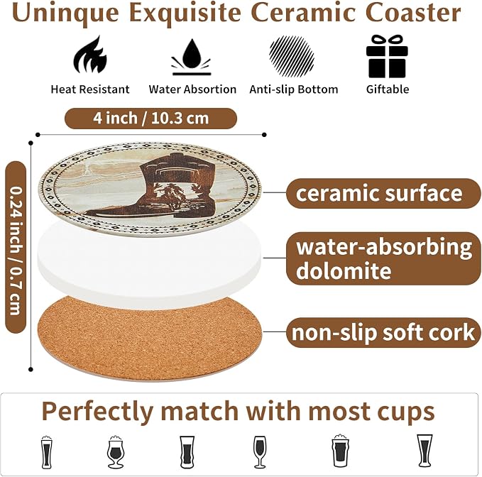Western Desert Cowboy Coasters for Drinks,Vintage Western Absorbent Coaster for Home Decor,6PCS Stone and Cork Coasters Set with Holder for Coffee Table,Home Living Ideas Gift for Men Women