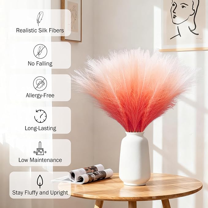 TORONTOKYO Burnt Orange Pampas Grass Fall Decor, 50Pcs 21.6 inch Artificial Faux Pompas Grass Small Fluffy Arrangement for Wedding Boho Home Autumn Decor Vase Filler