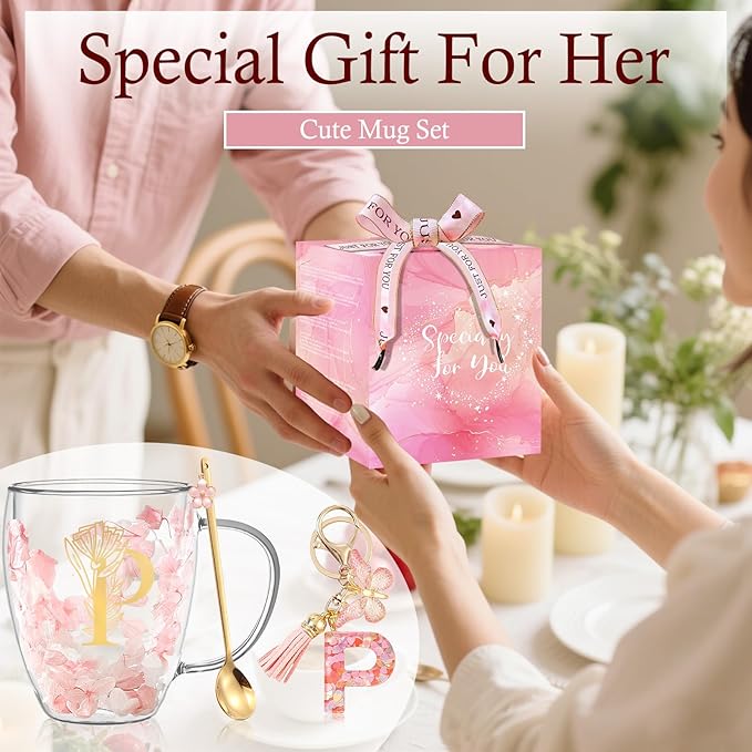 Personalized Gifts for Women Flower Glass Coffee Mug Initial Tea cup Monogrammed Customized Bridesmaid Bride Wedding Gifts Graduation Gifts Valentine Mother's Day Birthday Christmas Gift (P)