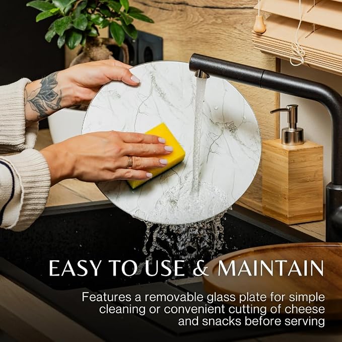 Rickby, 12" Premium Acacia Wood Lazy Susan Turntable for Table Top with Removable Marble Texture Glass Plate, Wooden Lazy Susan for Dining Table Centerpiece & Kitchen Countertop