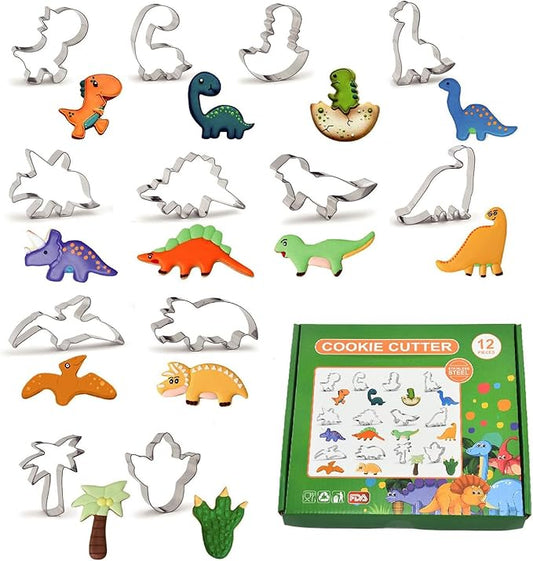 12 Pcs Dinosaur Cookie Cutters, Footprint, Eggs,Brontosaurus, Camarasaurus, Stegosaurus, Thiceratops Stainless Steel Cookie Cutters for Baking (Dinosaur)