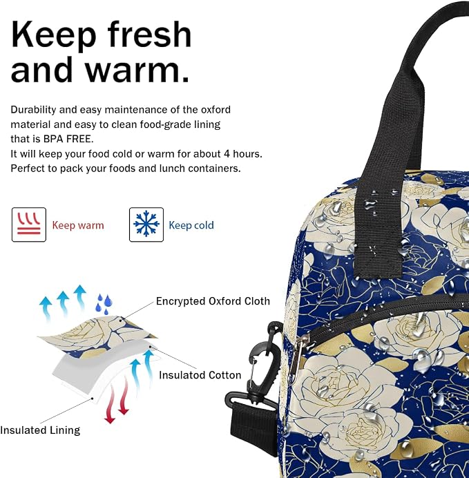 Pardick Roses Flower Blue Insulated Lunch Bag for Women Leakproof Lunch Box Large Cooler Thermal Tote Bag with Shoulder Strap Meal Prep Bags for Work School Office Picnic Teen Girls Adult