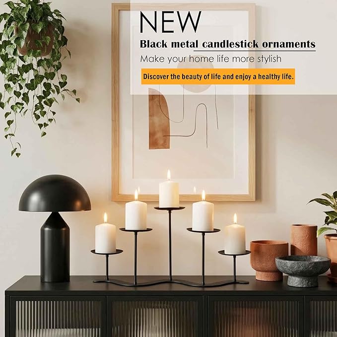 Iron Candle Holder Fireplace: 5 Metal Candelabra Centerpiece Decor - Candle Holder Stand for Candelabra Pillar Candles