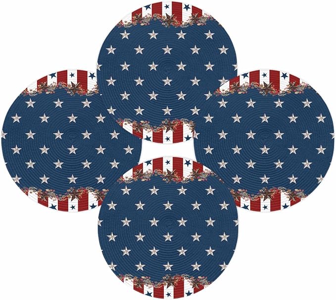 4th of July Round Placemats Set of 4 Rustic Star Stripes Place Mats Independence Day Woven Placemat Red White and Blue Circle Braided Table Mat for Kitchen Dining Table Holiday Party Decor 15 Inch