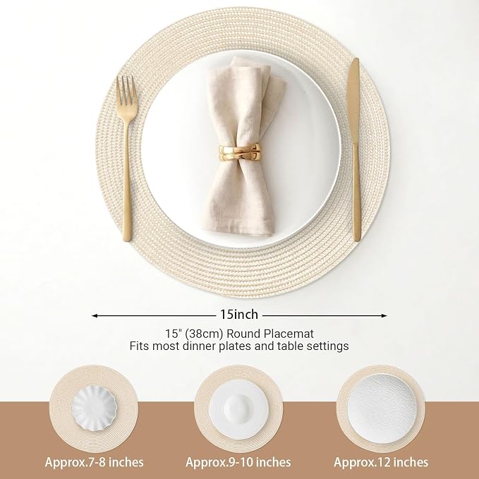 FunWheat Round Braided Placemats Set of 4 Table Mats for Dining Tables Woven Washable Non-Slip Place mats 15inch (Beige, 4pcs)