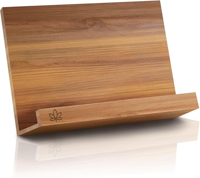 Acacia Cookbook Stand for Kitchen Counter – Adjustable Wooden Recipe Book Holder for Cookbooks, Recipe Binders & Tablets | Foldable Wood Book Stand with Bamboo Phone Holder | Gift-Ready Kitchen Set