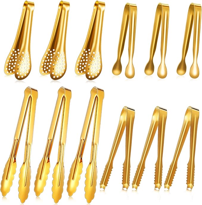 Sawysine 12 Pieces Tongs for Serving Utensils Mini Serving Tong Stainless Steel Appetizer Kitchen Toy Sugar Ice Food Cooking Utensils for Salad Buffet Party, 5 Inch, 9 Inch(Gold)