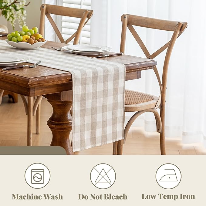 Alsoo Beige Gingham Table Runner 13 x 108 inches Long, Cotton Linen Farmhouse Checkered Kitchen Dining Table Decor for Home Party, Wrinkle Free