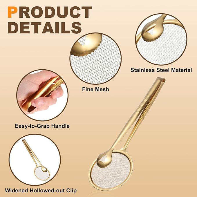 uxcell Stainless Steel Strainer Tongs, 11.2" Multi-Functional Food Strainer with Clip Fine Mesh Oil Filter Skimmer Hot Pot Clips for Kitchen Tool Restaurant Frying Cooking, Gold
