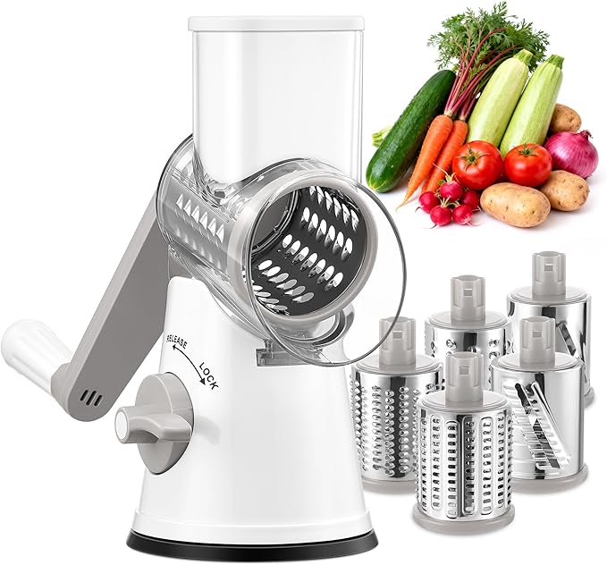 GDL Rotary Cheese Grater Hand Crank with 5 Interchangeable Blades - Upgraded Cheese Shredder Featuring Strong Suction Base for Cheese Shredding, Wavy Slicing, Nut Grinding, Ice Shaving