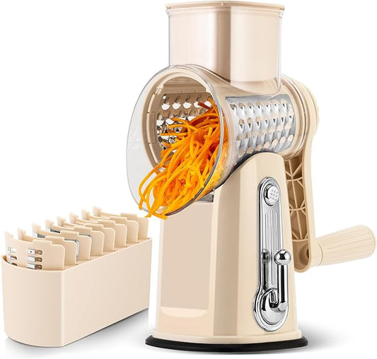 SUSTEAS Rotary Cheese Grater with Handle - Vegetable Shredder with 5 Well-designed Blades & Strong Suction Base,Round Mandoline Slicer & Food Chopper for Kitchen,with Blade Storage Box(Beige)