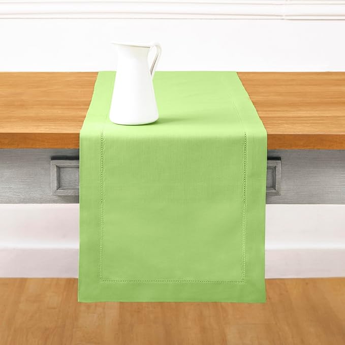 Solino Home Cotton Linen Table Runner 120 Inches Long - Hemstitch Apple Green Dining Table Runner 14 x 120 Inch for Spring, Summer