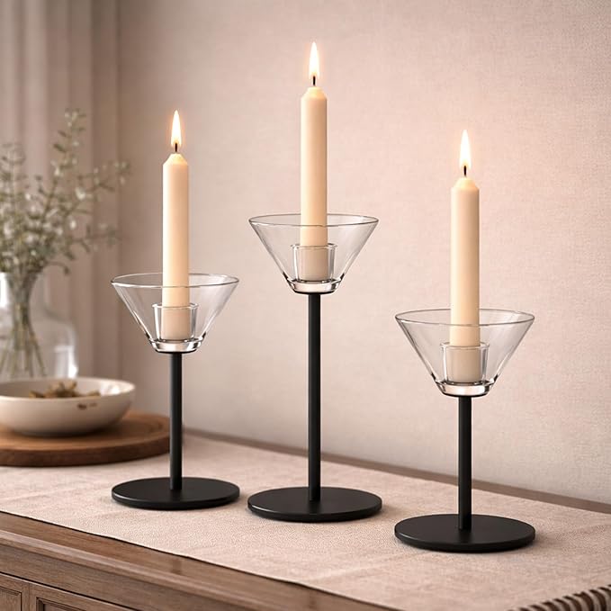 Smytle Clear Glass Taper Candle Holders Set of 3, Transparent Votive Tea Light Candle Holders with Weighted Black Metal Base, Glass Candle Sticks Holder Home Decor for Dining Table, Wedding