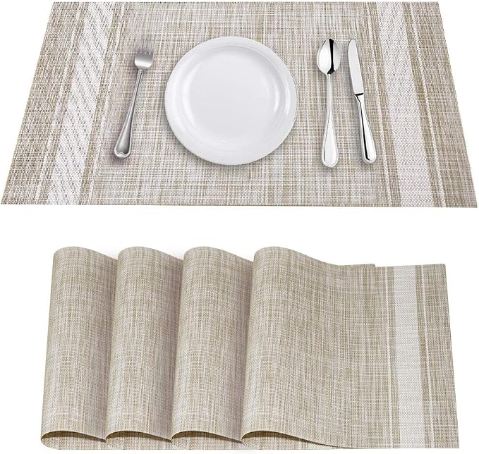 Table Mats Set of 4 Crossweave Woven Vinyl Placemats Heat Resistant Non-Slip Kitchen Placemats for Dining Table Washable Easy to Clean(White)