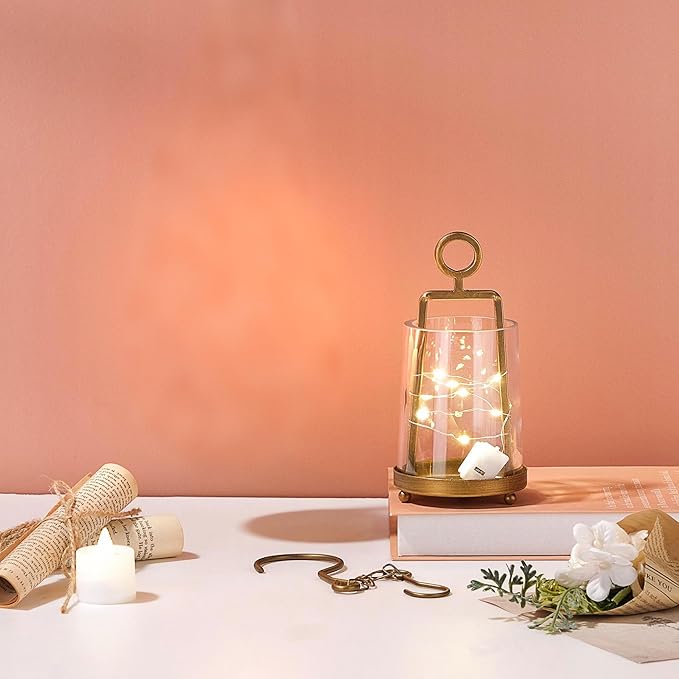 3.3" Wide Modern Farmhouse Metal Hurricane Candle Holder with Handmade Sturdy Glass Sleeve in Antique Brass for Pillar Candle & Plants, Glass Hurricane Lantern, Industrial, Minimalistic