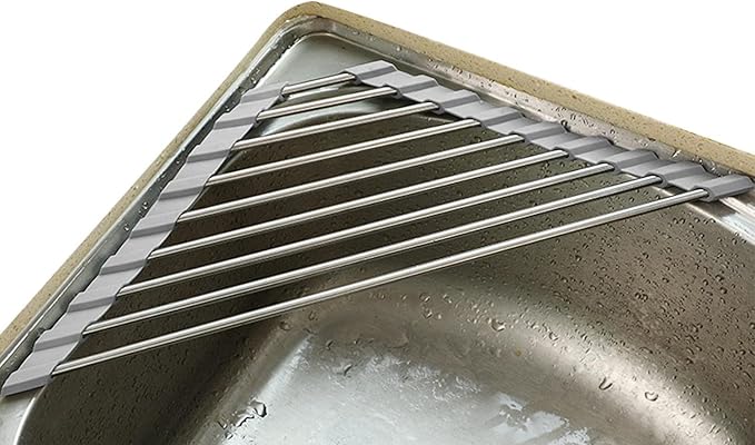 Over the Sink Dish Drying Rack Roll Up and Triangle for Kitchen Corner Drainer Mat Foldable Stainless Steel (Triangle), Silver