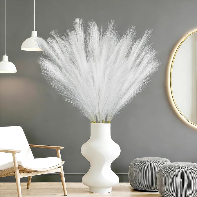 TORONTOKYO 8Pcs White Faux Pampas Grass Tall Decor, 35.4” Fluffy Artificial Pompous Grass Branches, Large Pampas Grass Reed Stems for Floor Vase Filler, Wedding, Baby Shower, Home Boho Decor