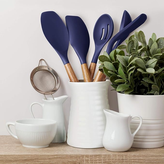 Non-Stick Silicone Kitchen Utensils Set with Natural Acacia Hard Wood Handle, 5 Piece, Midnight Blue, BPA Free, Baking & Serving Silicone Cooking Utensils