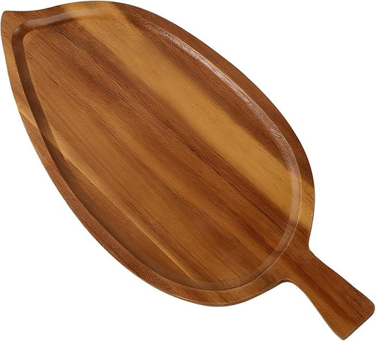 Acacia Wood Serving Plate, 13 in Leaf Shaped Tray with Handle, for Snacks, Desserts, Bread, Sushi, and Cake