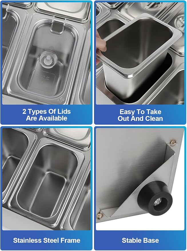 8 Pans Spice Rack Shelf 2 Row Stainless Steel Spice Organizer Stand with Lids Spoons Countertop Inclined Holder Buffet Containers Set for Sauce Jam Fruits Ingredient Kitchen Restaurant Pantry