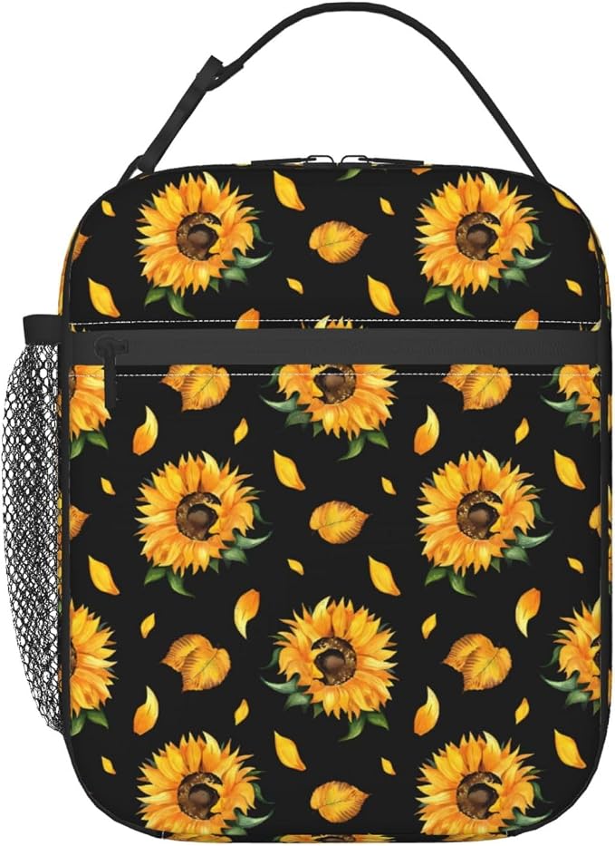 Black Floral Sunflower Lunch Box Insulated Flower Lunch Bag for Women Men Reusable Portable Leakproof Lunchbox Tote Cooler Thermal Bag for Office Work Picnic Travel