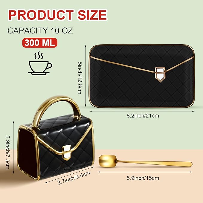Zubebe 1 Set Coffee Mug Elegant Handbag Shaped Cup Modern Ceramic Purse Mug with Spoon and Saucer, 10oz Cute Creative Tea Cup for Woman Girls Gift (Black)