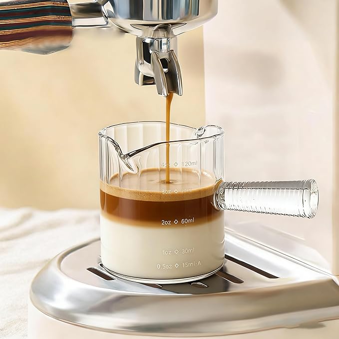 Glass Espresso Shot Measuring Cup Set, Clear, Double Spout Design with Glass Handle for Dishwasher Safe, 4 oz Capacity, 2 Pack, Coffee Bar Accessories (Clear)