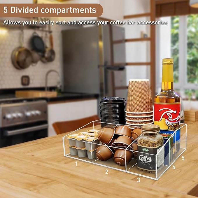 Acrylic Coffee Bar Station Organizer for Countertop, Office, Home Coffee K Cup Holder Holds Paper Cups, Condiments, Syrups, Creamer, Multi-Purpose Accessories Organizer