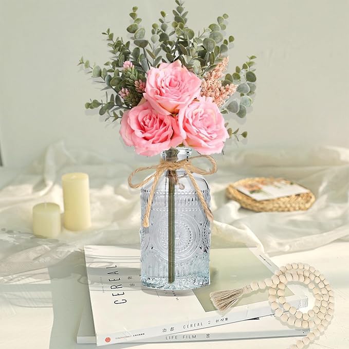Fake Flowers with Vase, Silk Roses Artificial Flowers in Vase, Faux Flower Arrangement with Vase Suitable for Home Office Decoration, Dining Table Centerpiece (Pink Faux Flower+Bead Garland)