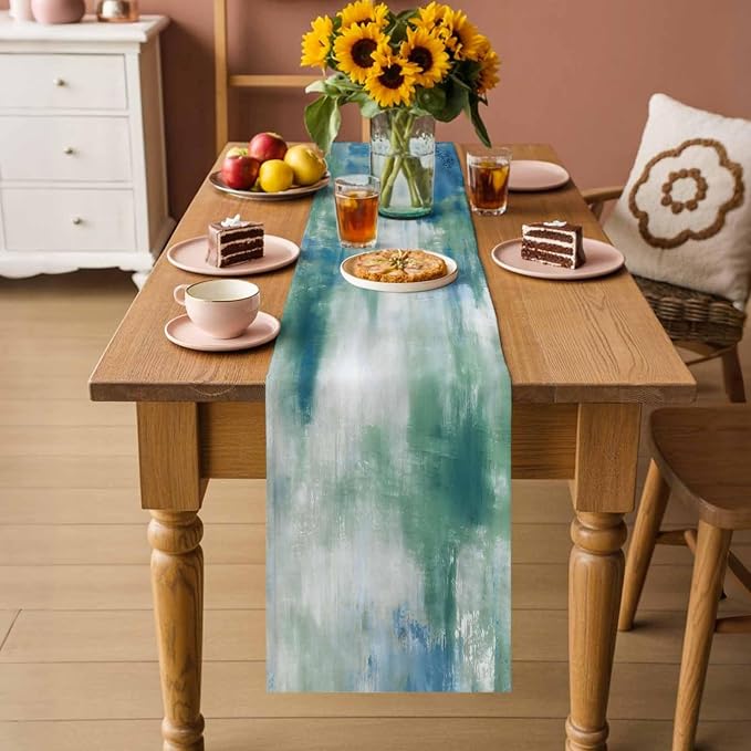 Blue Green Table Runners 60 Inches Long, Cotton Linen Fabric Table Runner Dresser Scarf, Modern Abstract Minimalist Texture Watercolor Tablerunner for Party/Kitchen/Dinner/Wedding Decor 13"x60"