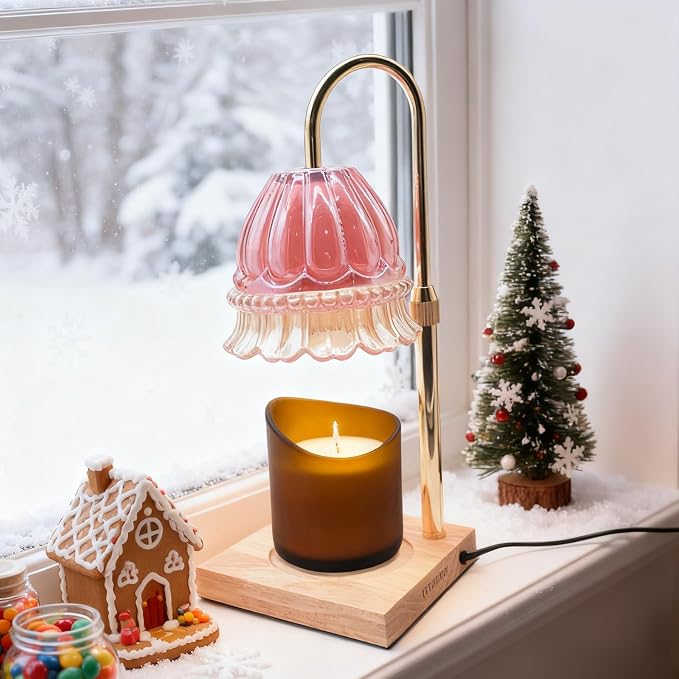Glass Flower Lampshape Candle Warmer Lamp with Adjustable Height, Wax Burner Lamp with Timer and Dimmer, Wooden Base Candle Warmer, Women's Gifts (Pink)