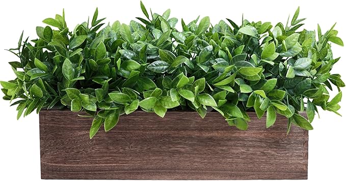 Winlyn 14" Artificial Boxwood Plants in Rectangular Wood Planter Farmhouse Greenery Arrangement Centerpiece Faux Potted Herb Plant for Wedding Dining Room Table Kitchen Windowsill Mantel Shelf Décor