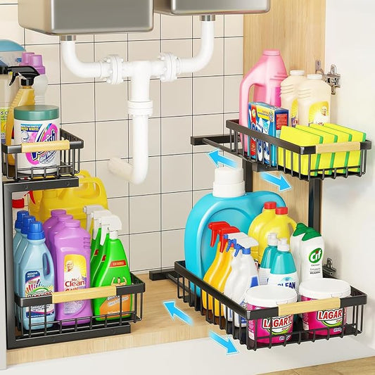 Under Sink Organizer, 2 Pack 2 Tier Under Sink Organizers and Storage, Slide out Pull Out Cabinet Organizer Shelf, Metal Drawers Shelves for Kitchen Bathroom Closet Organization