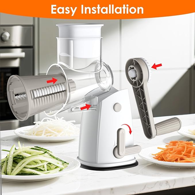 MealHelper 5 Blade Rotary Cheese Grater and Vegetable Chopper with Storage Box and Hand Crank, Compact Shredder for Cheeses, Veggies, Nuts - Easy to Use, Non-slip Suction Base,White