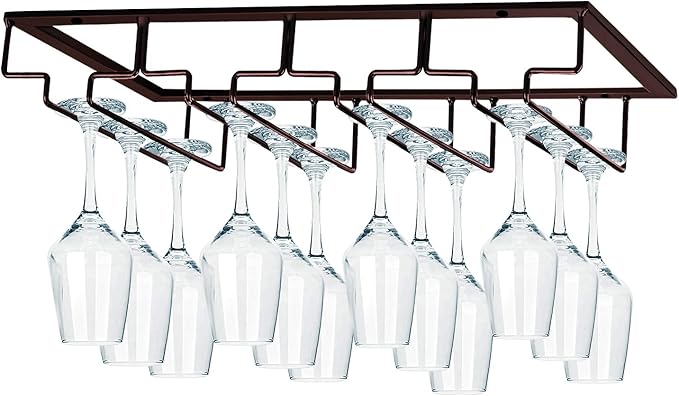 MOCOUM Wine Glasses Rack Under Cabinet Stemware Rack, Wine Glass Hanger Rack Wire Wine Glass Holder Storage Hanger for Cabinet Kitchen Bar (Brown, 4 Rows 1 Pack)
