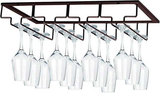 MOCOUM Wine Glasses Rack Under Cabinet Stemware Rack, Wine Glass Hanger Rack Wire Wine Glass Holder Storage Hanger for Cabinet Kitchen Bar (Brown, 4 Rows 1 Pack)