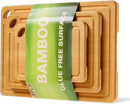 Garvee Bamboo Cutting Board Set of 3 - cutting board set with Handle, Bamboo Cutting Boards for Kitchen, Heavy Duty chopping board with deep juicy groove 15x10, 12x8, 9x6 inch