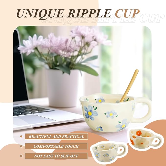 Vesici 2 Pcs Ceramic Coffee Mugs with Spoon, Vintage Floral Spring Mugs with Handle, 8.5 oz Aesthetic Flower Porcelain Tea Cup Set, Dishwasher & Microwave Safe Mothers Day Gifts for Mom(Vivid)