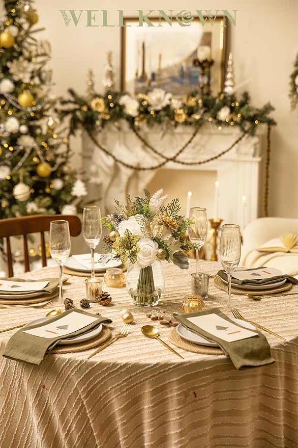 Fake Flowers in Vase with Fake Water, Golden Poinsettia & Butterfly, Artificial Rose Flowers Arrangement for Dining Table Centerpiece Wedding Party Winter Spring Home Decor Gift (Gold White & Green)