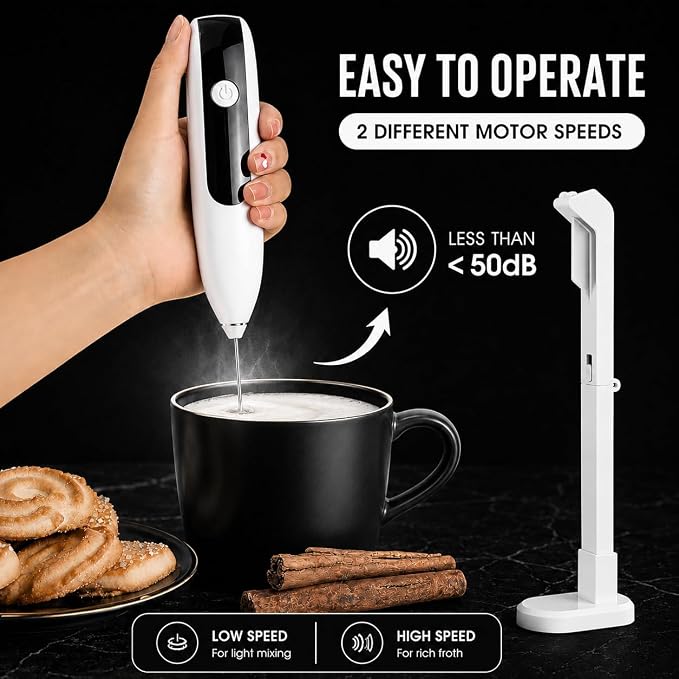 GOCHA Rechargeable Milk Frother, USB-C Electric Milk Foamer Handheld, Double Spring Whisk, 2-Speed Foam Maker for Coffee, Latte, Cappuccino, Matcha, Hot Chocolate, Stand Included (White)