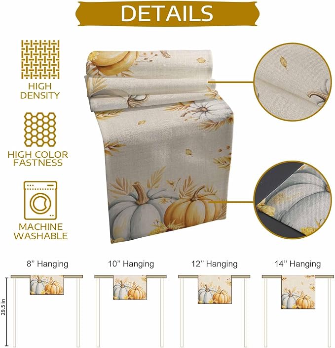 Fall Pumpkins Table Runner - 120 Inch Long, Grey Golden-yellow Pumpkin Thanksgiving Dining Table Runner Dresser Scarves, Maple Leaf Farm Harvest Decor for Coffee Table Wedding Party Banquet, 13x120 in